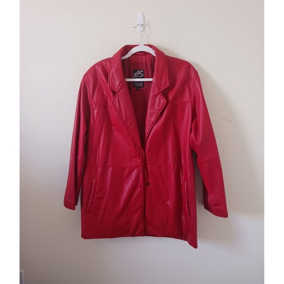 Vintage MS Maxima Leather Trench Coat Jacket Belted Y2K Lined Red Size M